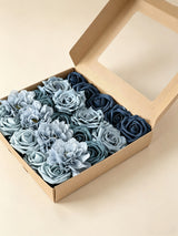 Dusty Blue & Hazy Blue Fake Roses Silk Dahlia Flowers Box