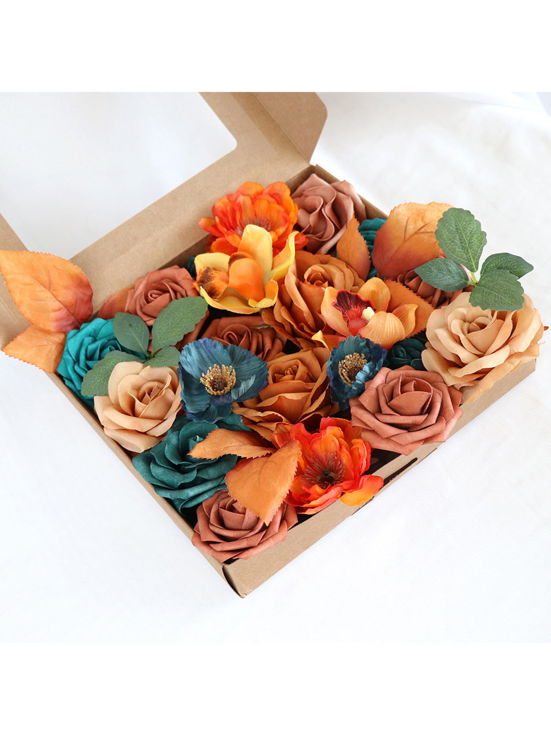 Orange & Teal Fake Roses Silk Flowers Box