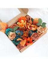 Orange & Teal Fake Roses Silk Flowers Box