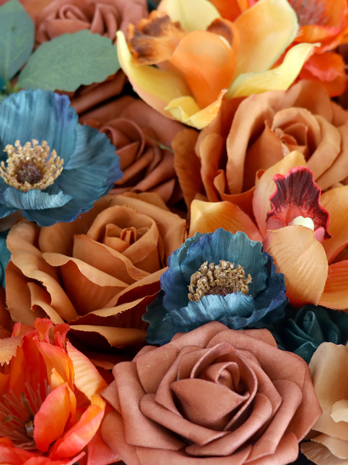 Orange & Teal Fake Roses Silk Flowers Box