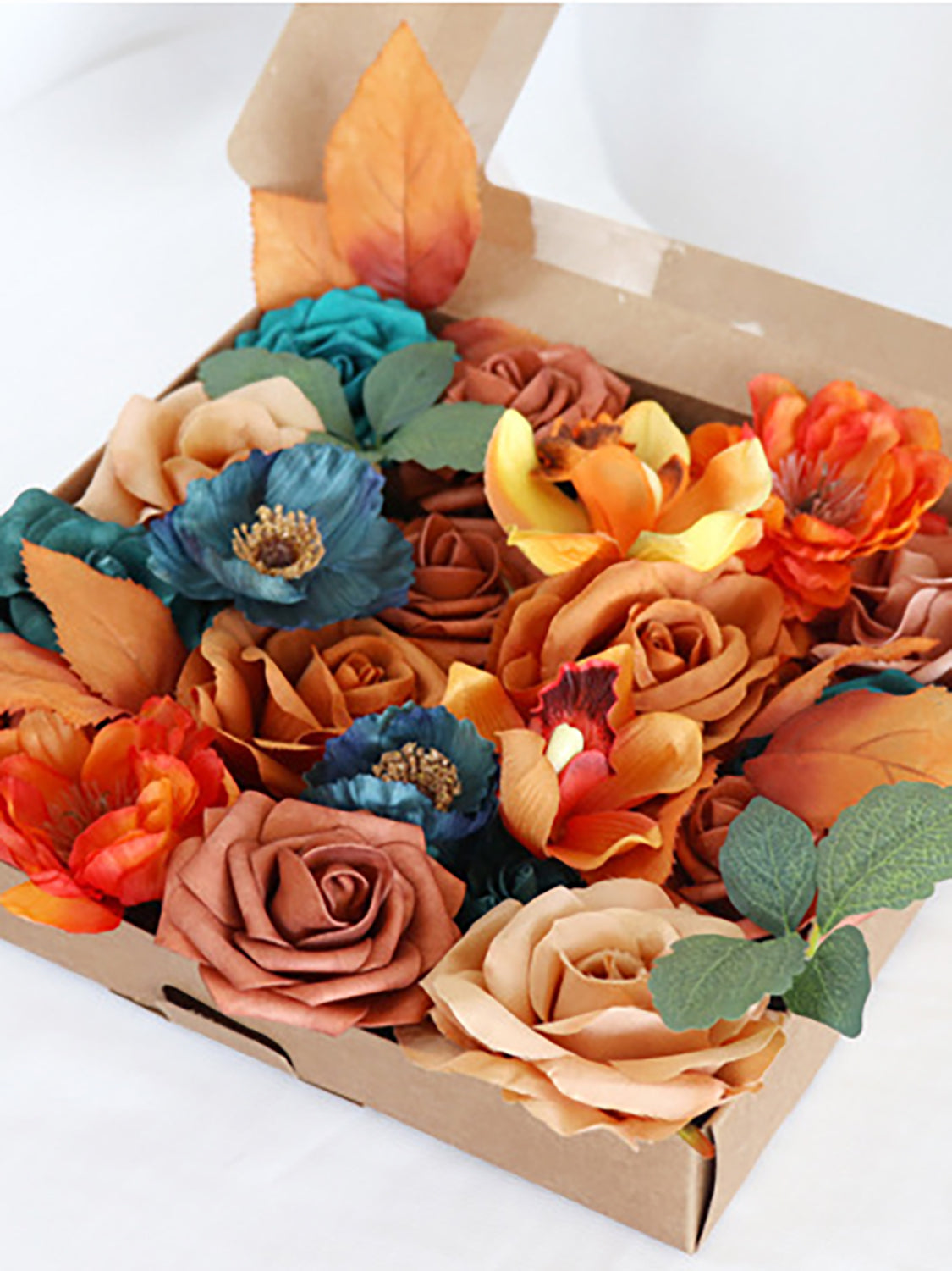 Orange & Teal Fake Roses Silk Flowers Box