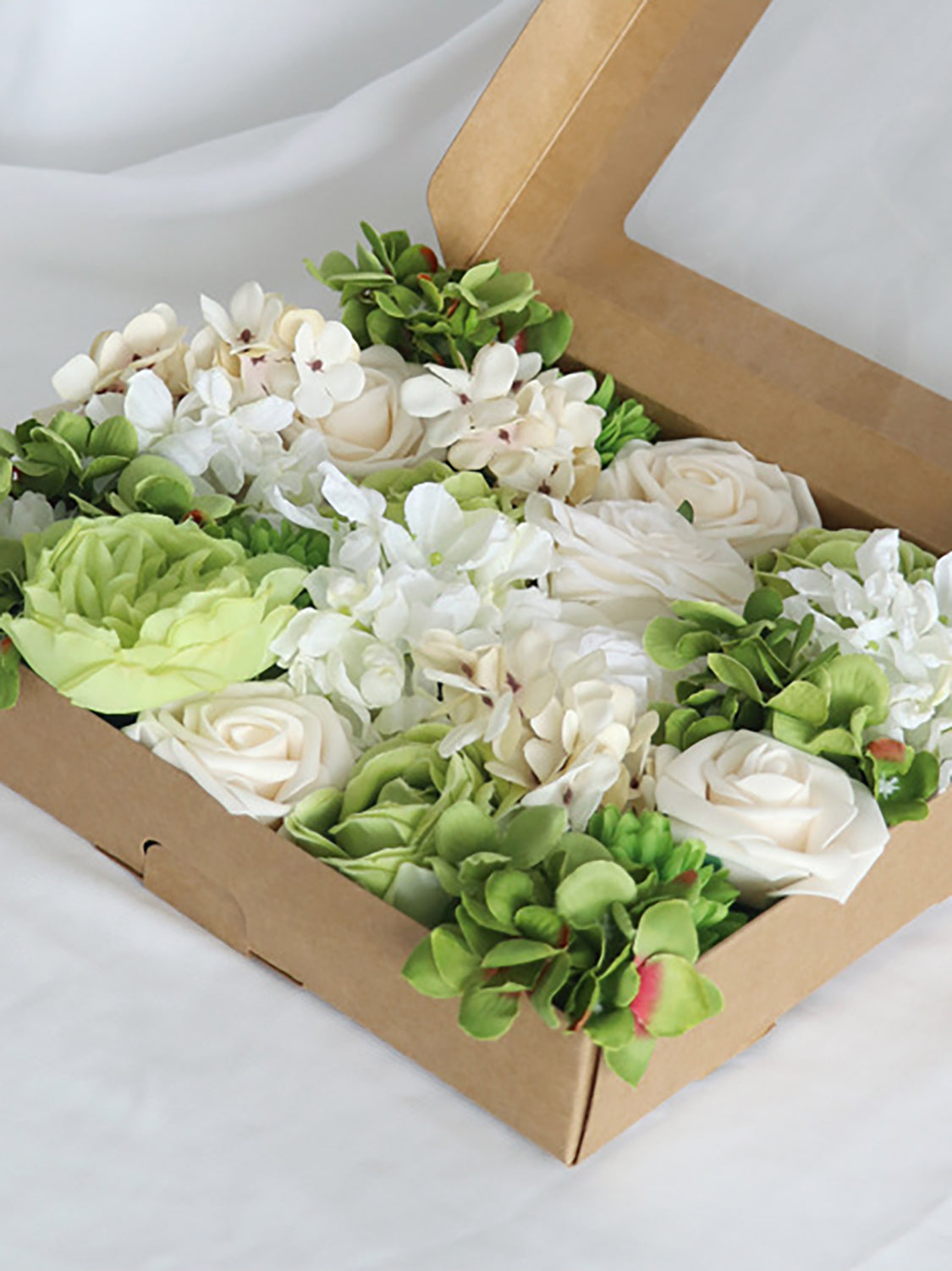 White & Green Fake Roses Silk Hydrangea Flowers Box