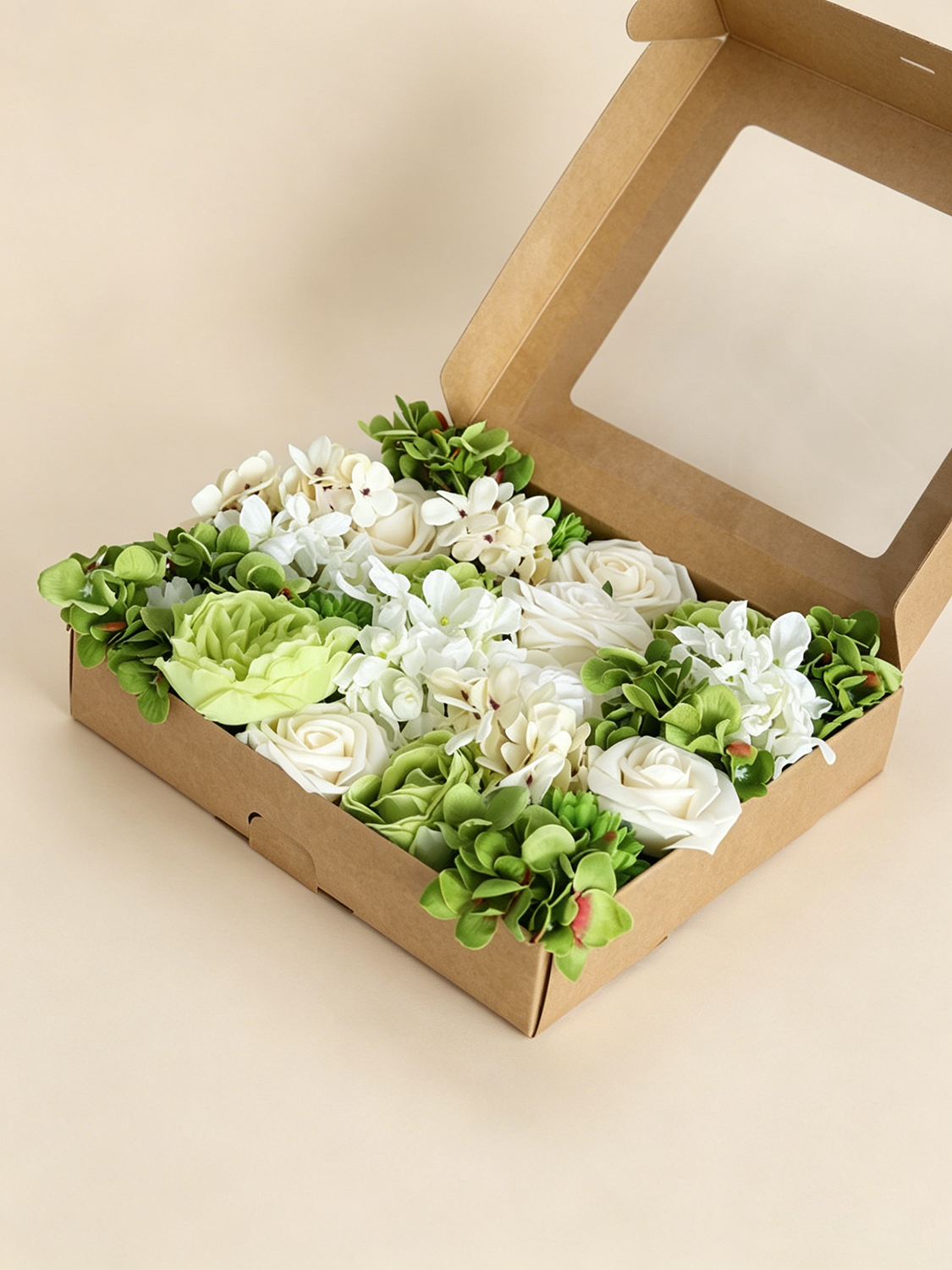 White & Green Fake Roses Silk Hydrangea Flowers Box