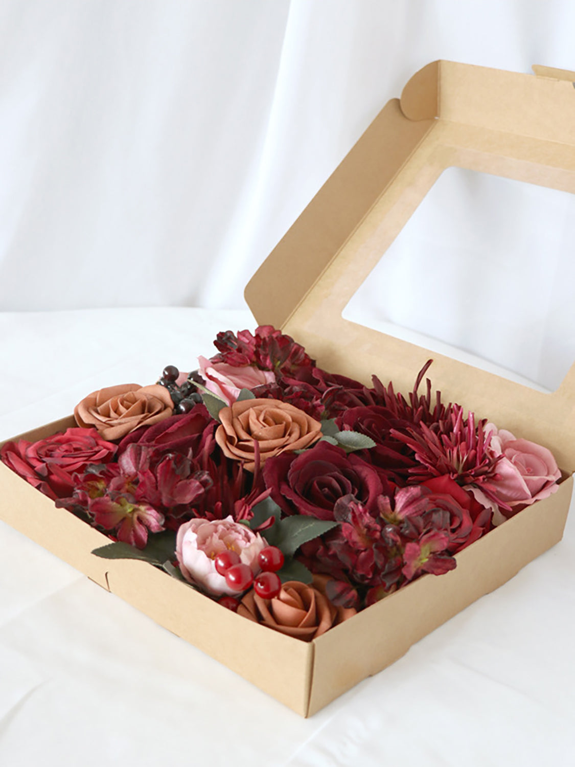 Burgundy Fake Roses Silk Flowers Box