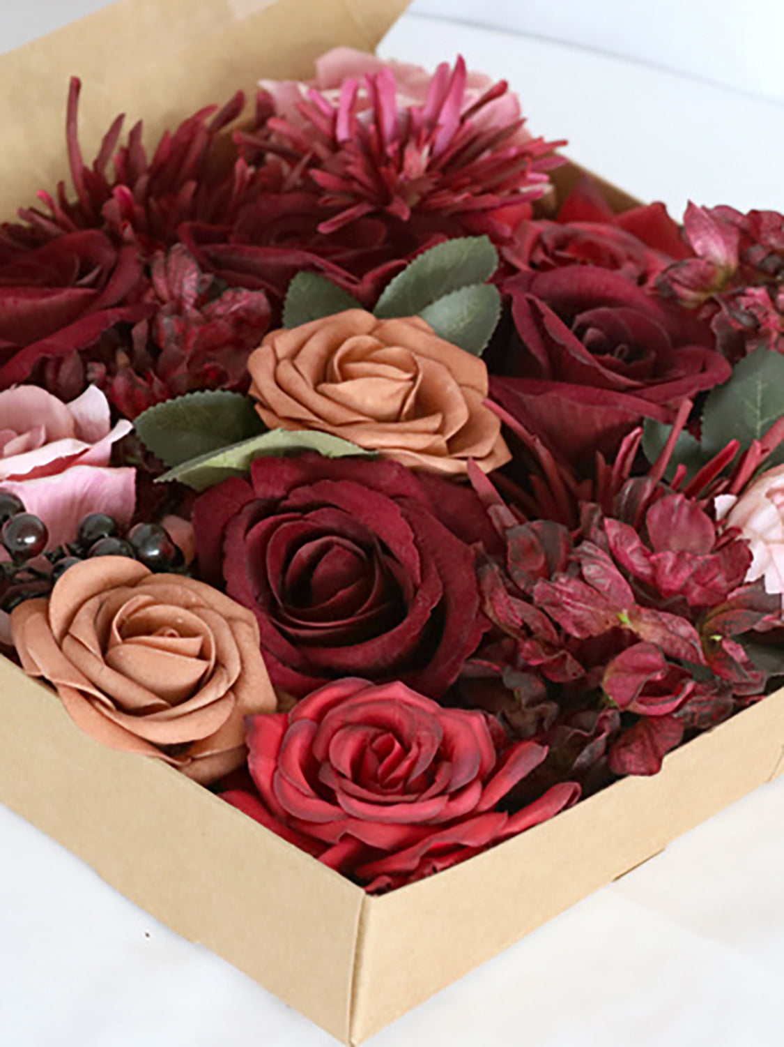 Burgundy Fake Roses Silk Flowers Box