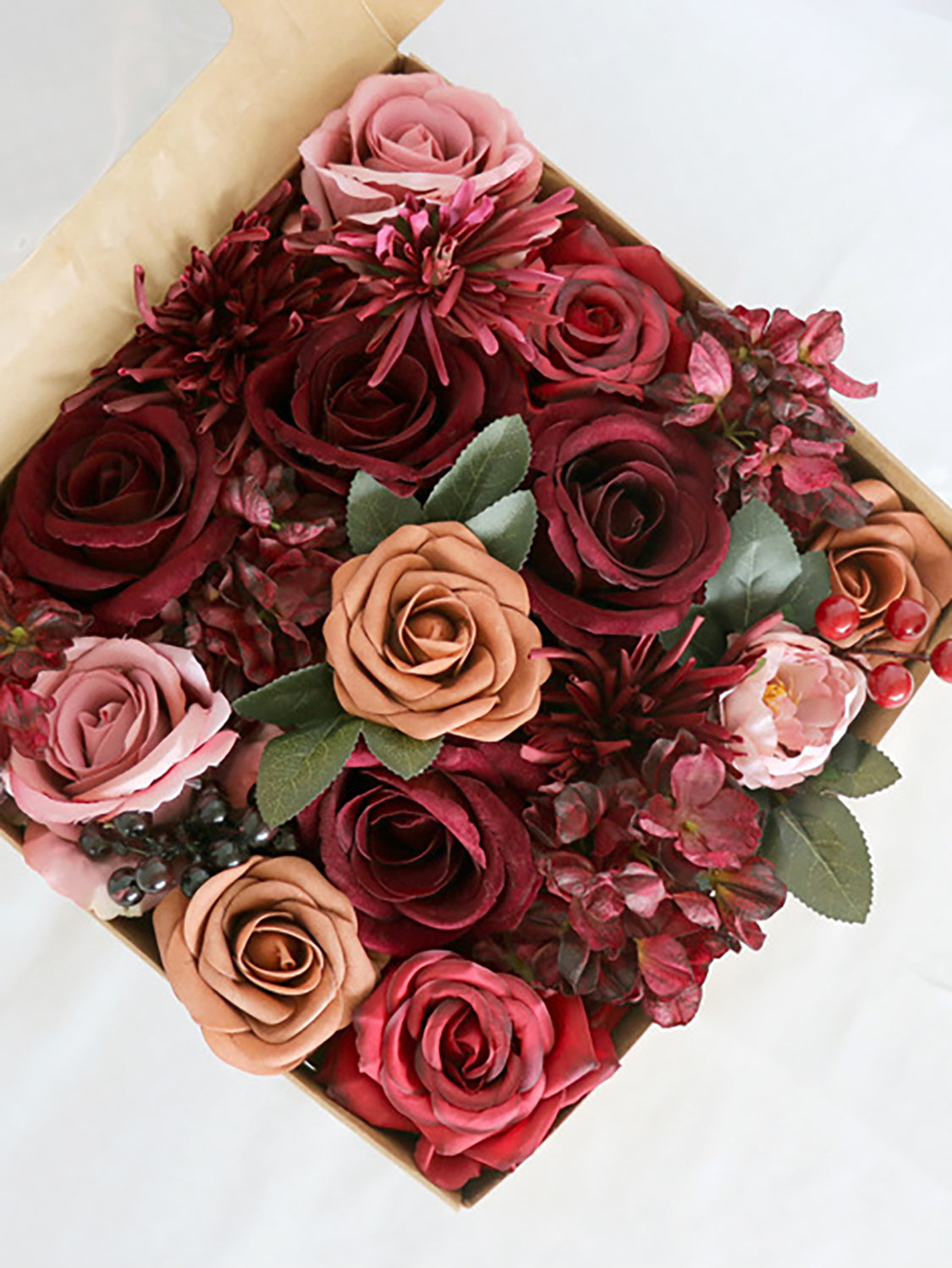 Burgundy Fake Roses Silk Flowers Box