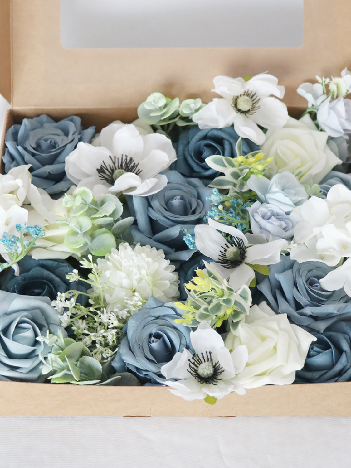 Hazy Blue & Dusty Blue Fake Roses Silk Flowers Box