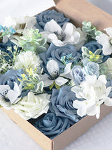 Hazy Blue & Dusty Blue Fake Roses Silk Flowers Box