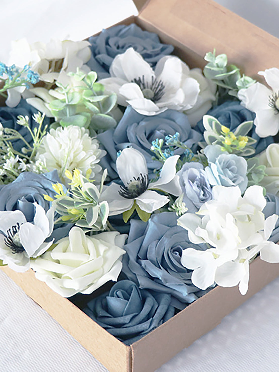 Hazy Blue & Dusty Blue Fake Roses Silk Flowers Box