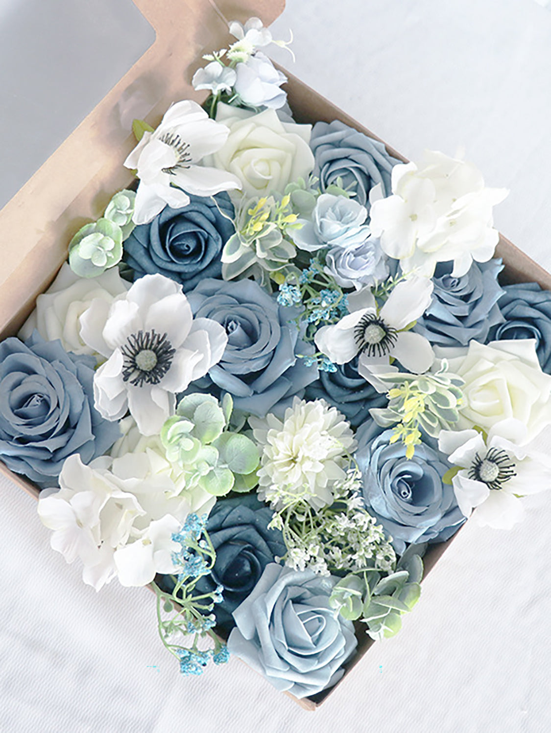 Hazy Blue & Dusty Blue Fake Roses Silk Flowers Box