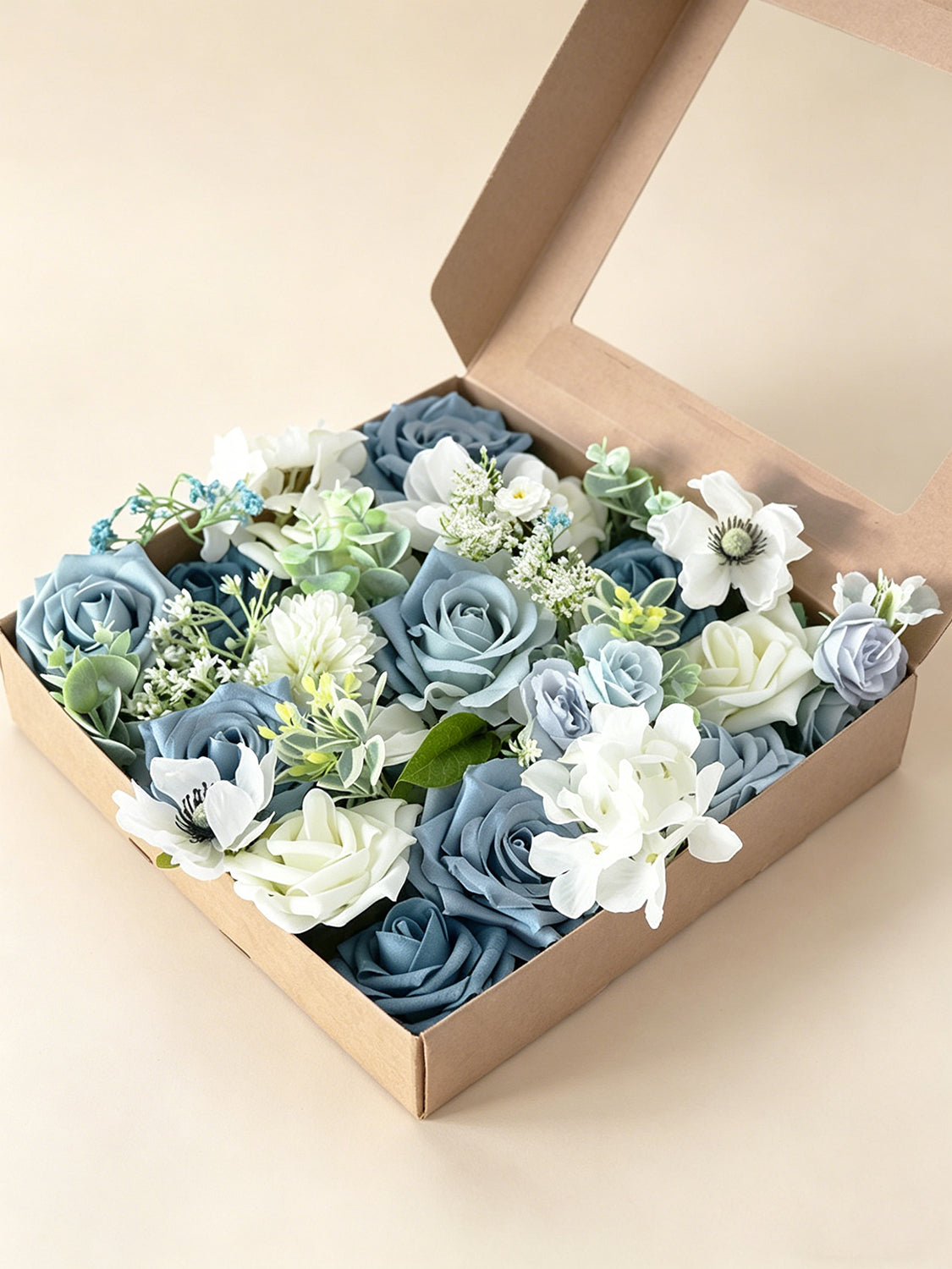Hazy Blue & Dusty Blue Fake Roses Silk Flowers Box