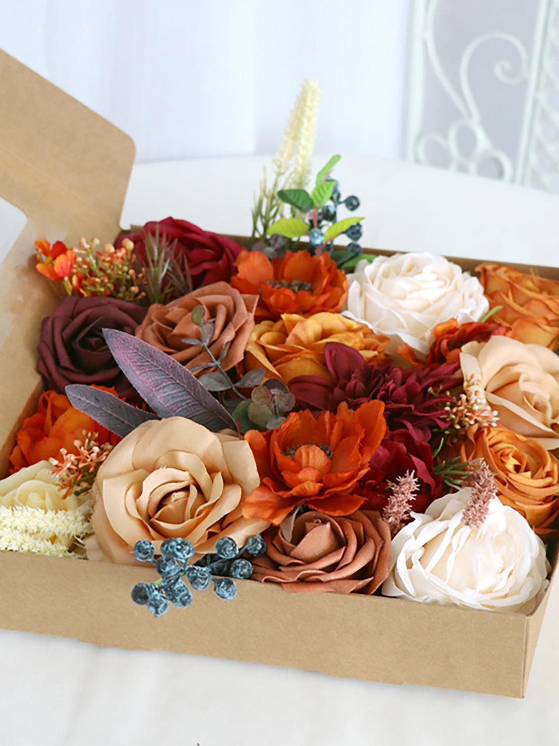Burnt Orange Fake Roses Silk Flowers Box