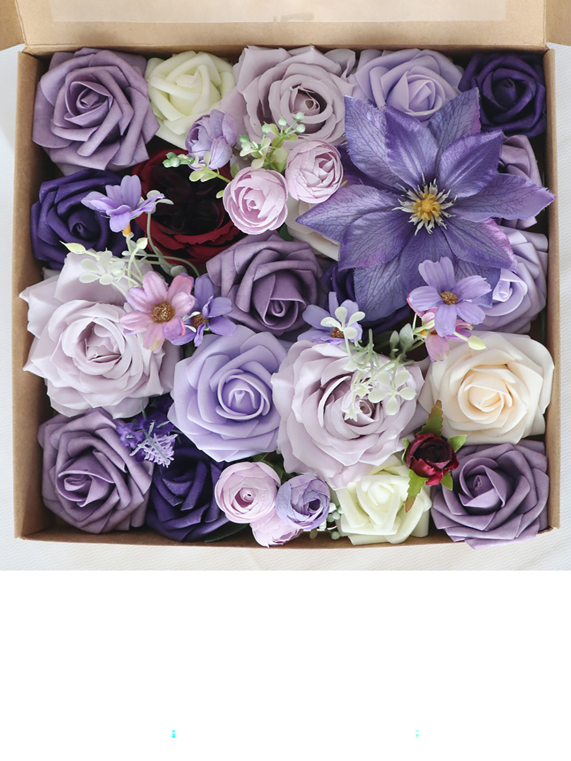 Violet Purple & Cream Fake Roses Silk Bud Flowers Box