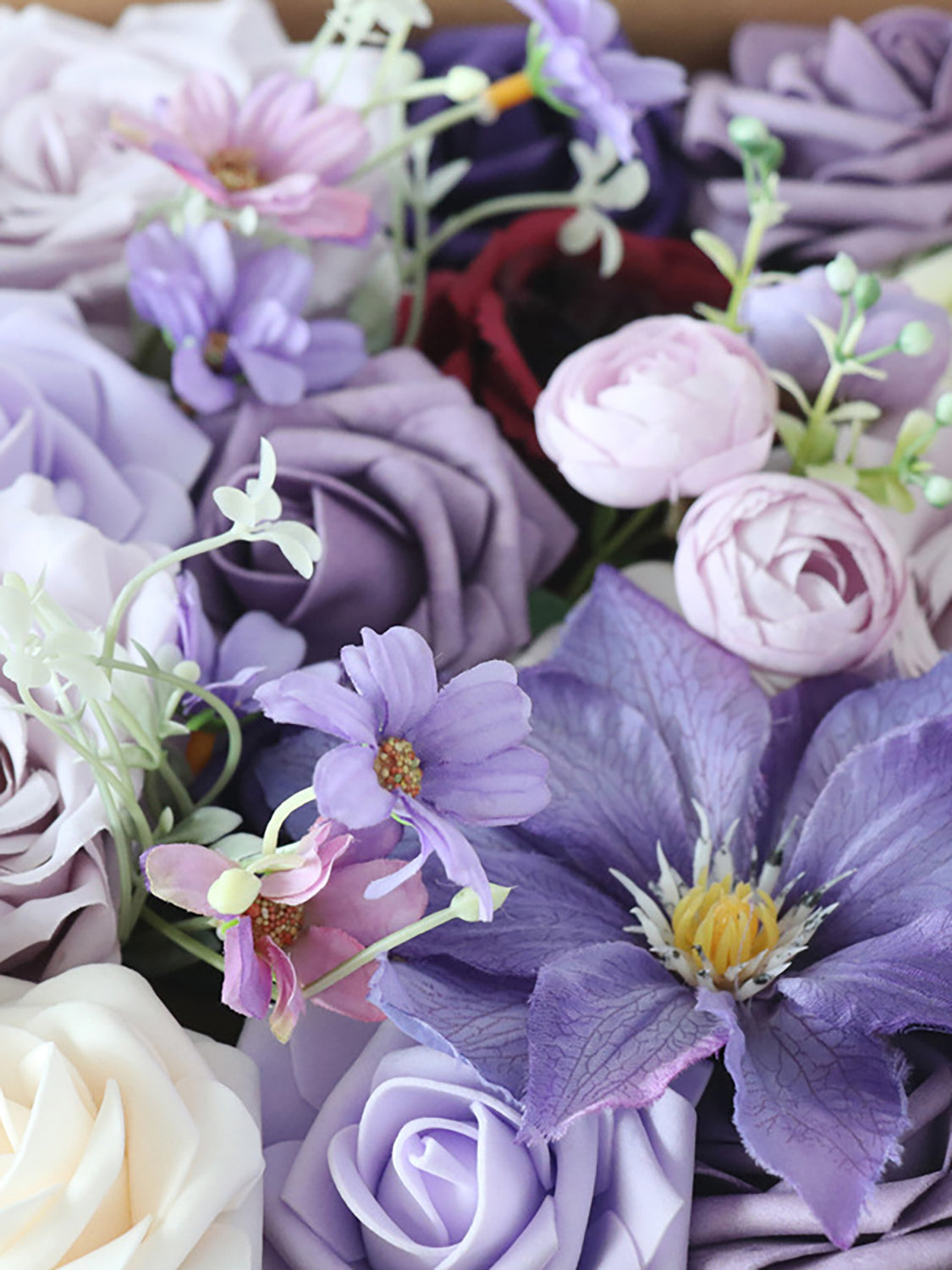 Violet Purple & Cream Fake Roses Silk Bud Flowers Box