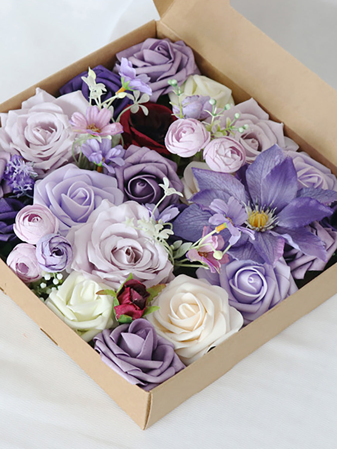 Violet Purple & Cream Fake Roses Silk Bud Flowers Box