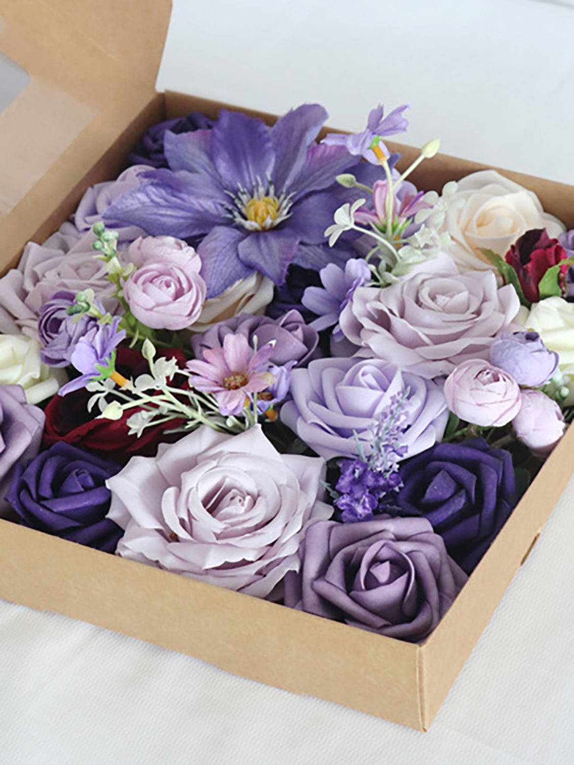 Violet Purple & Cream Fake Roses Silk Bud Flowers Box