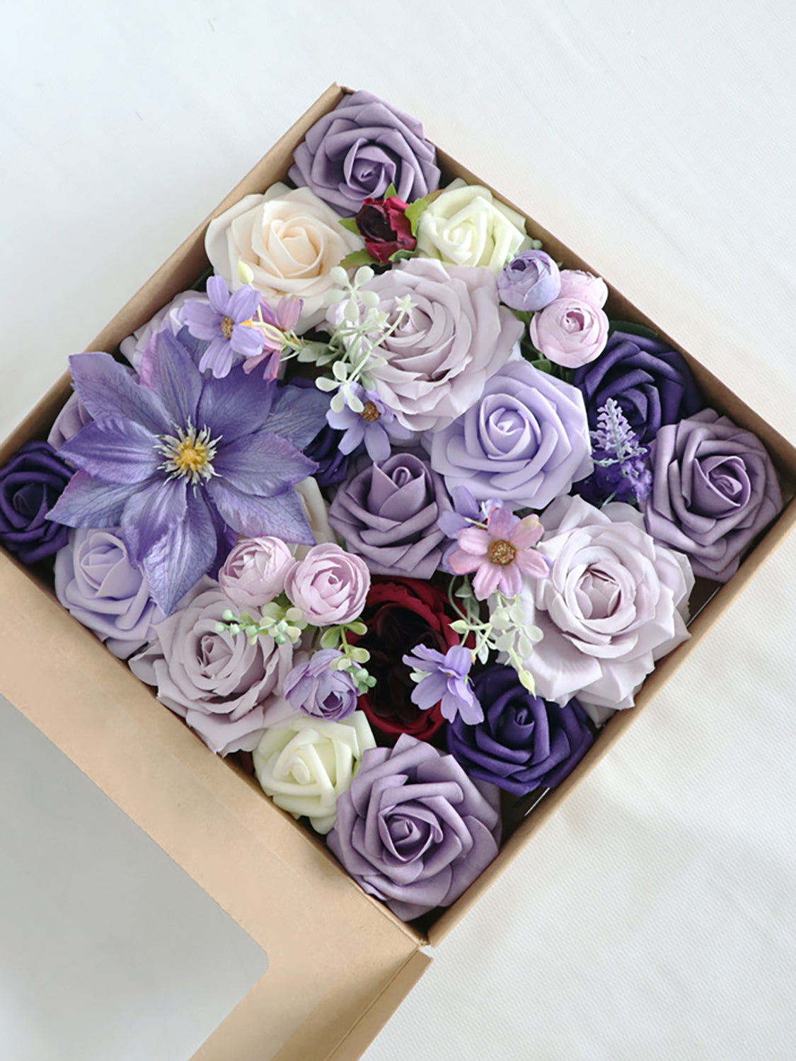 Violet Purple & Cream Fake Roses Silk Bud Flowers Box