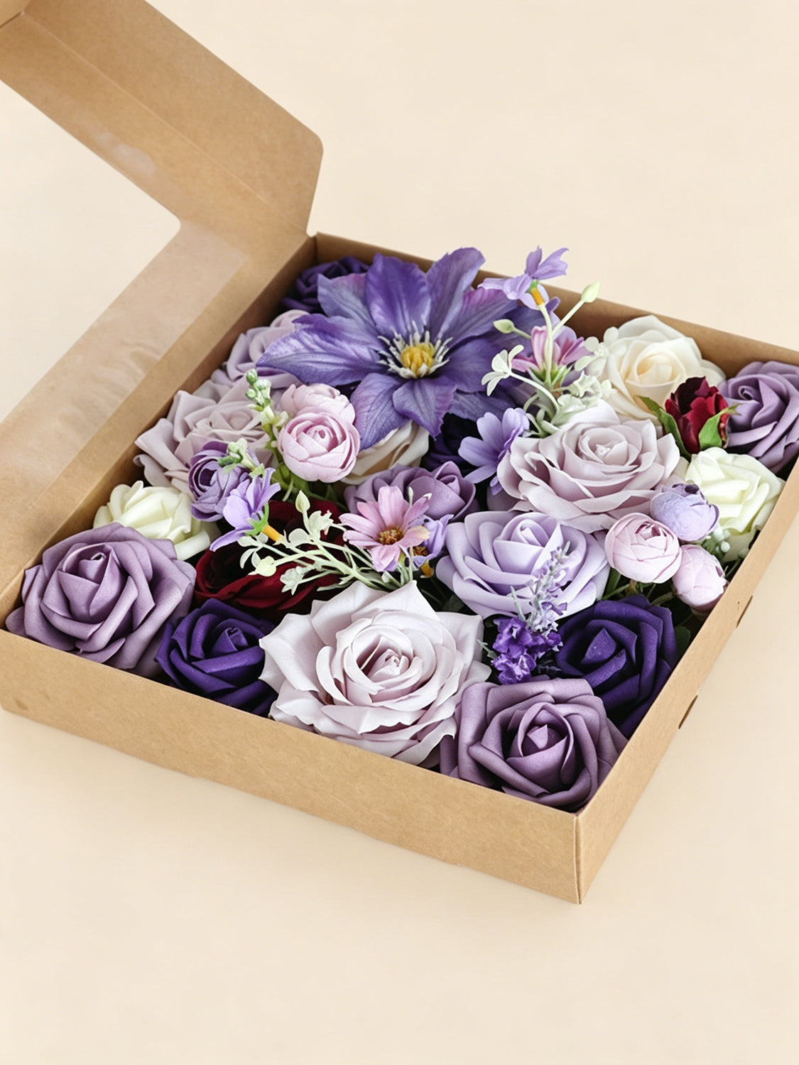 Violet Purple & Cream Fake Roses Silk Bud Flowers Box