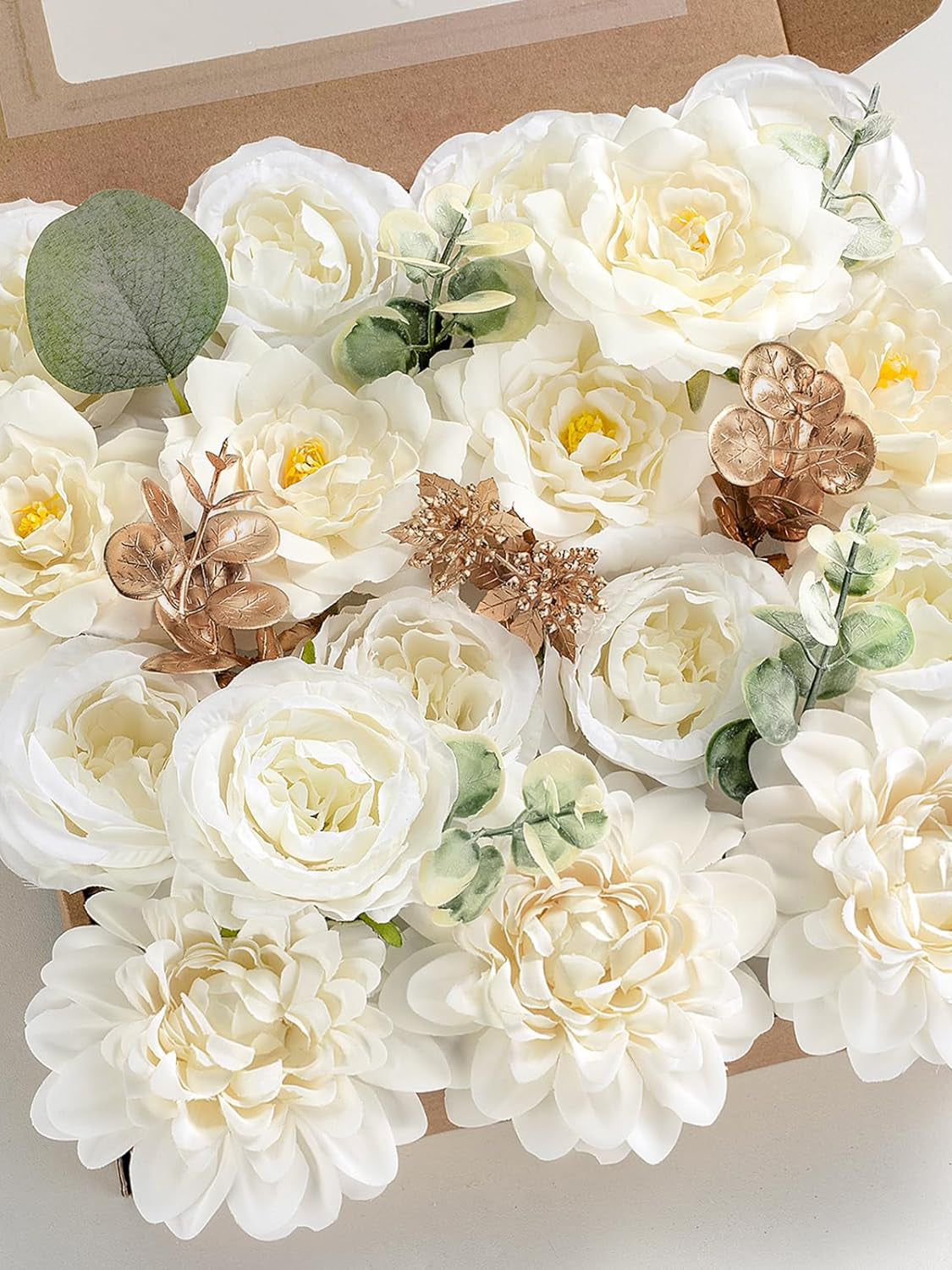 Ivory White Artificial Faux Peonies Mix Dahlia DIY Flowers Box