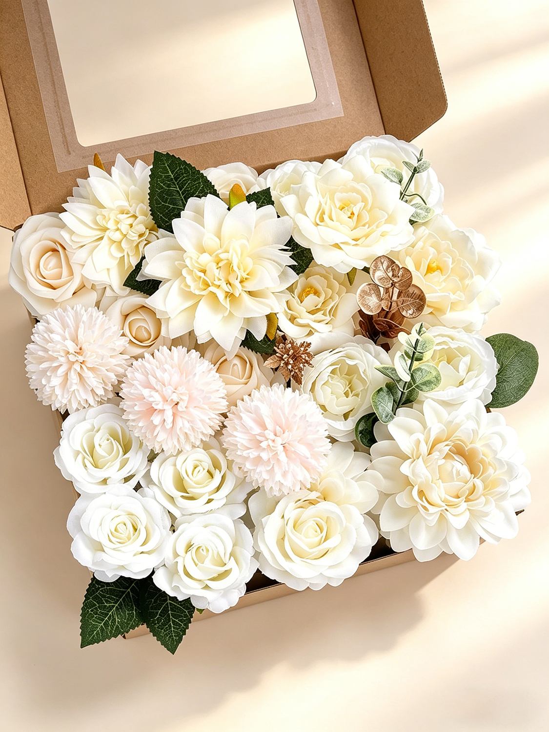 Champagne Artificial Faux Roses Mix Chrysanthemum Dahlia DIY Flowers Box