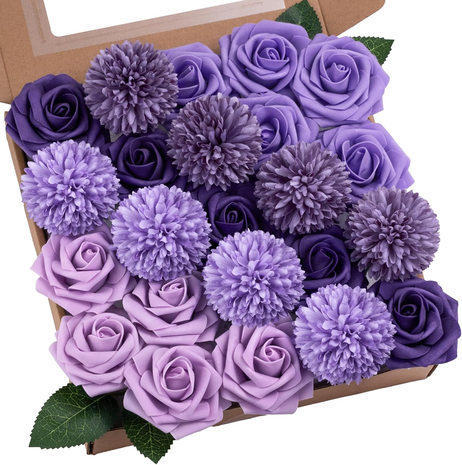 Purple Artificial Faux Roses Mix Chrysanthemum Dahlia DIY Flowers Box