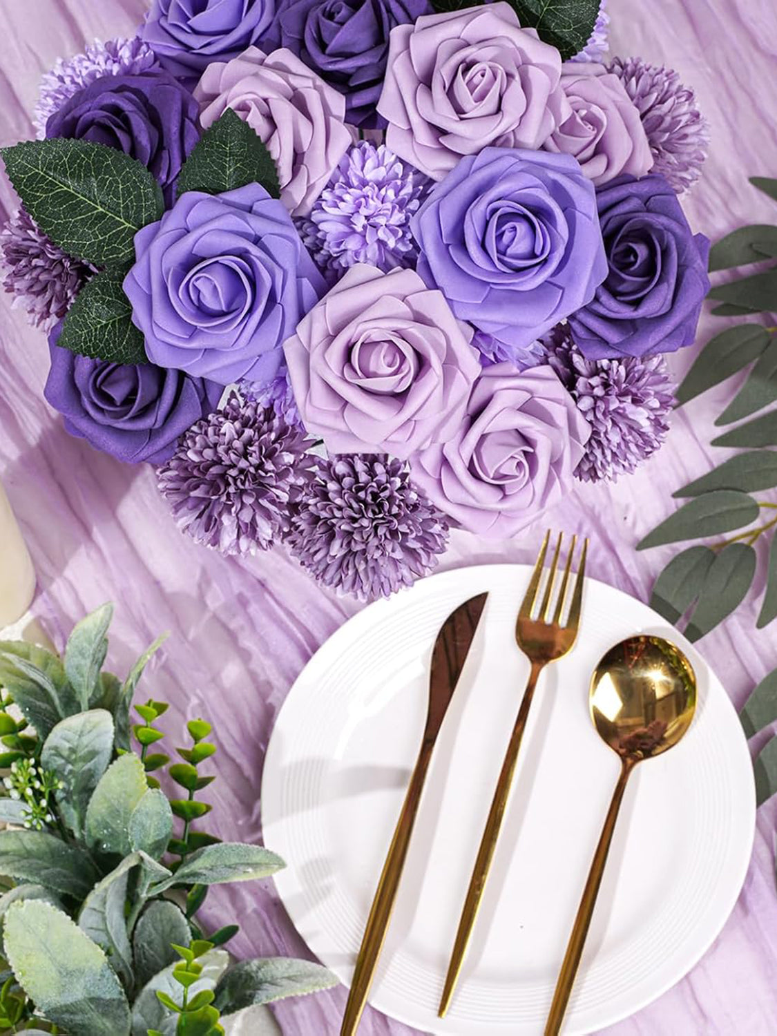Purple Artificial Faux Roses Mix Chrysanthemum Dahlia DIY Flowers Box