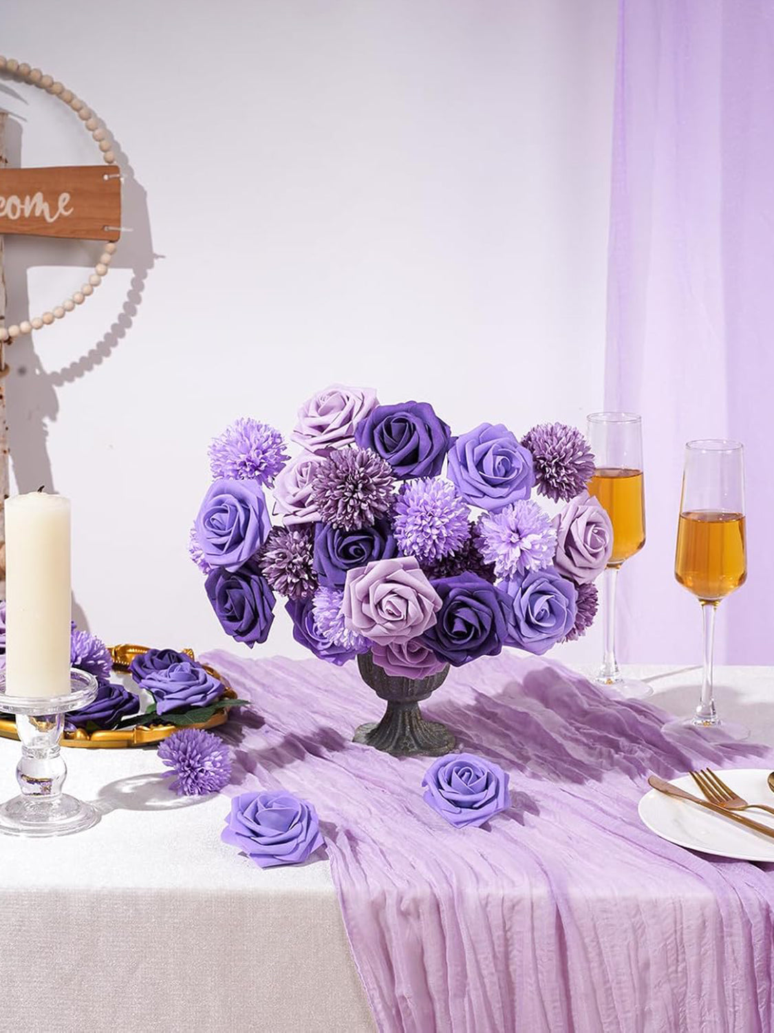 Purple Artificial Faux Roses Mix Chrysanthemum Dahlia DIY Flowers Box