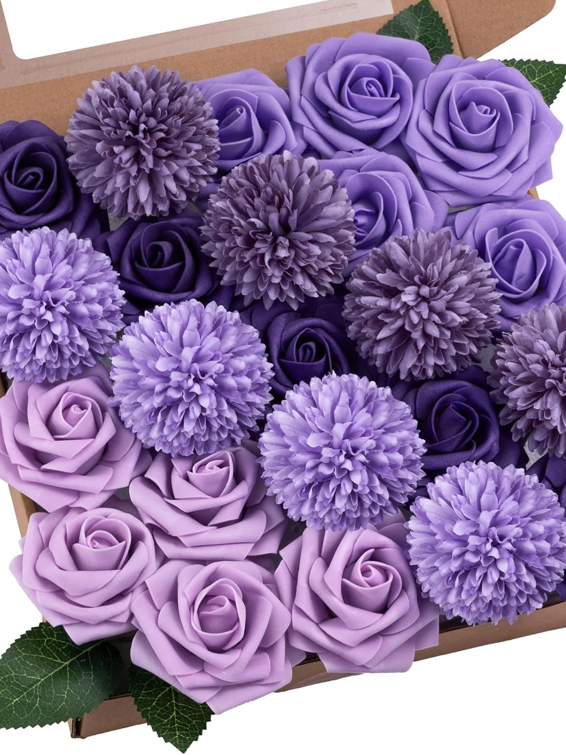 Purple Artificial Faux Roses Mix Chrysanthemum Dahlia DIY Flowers Box