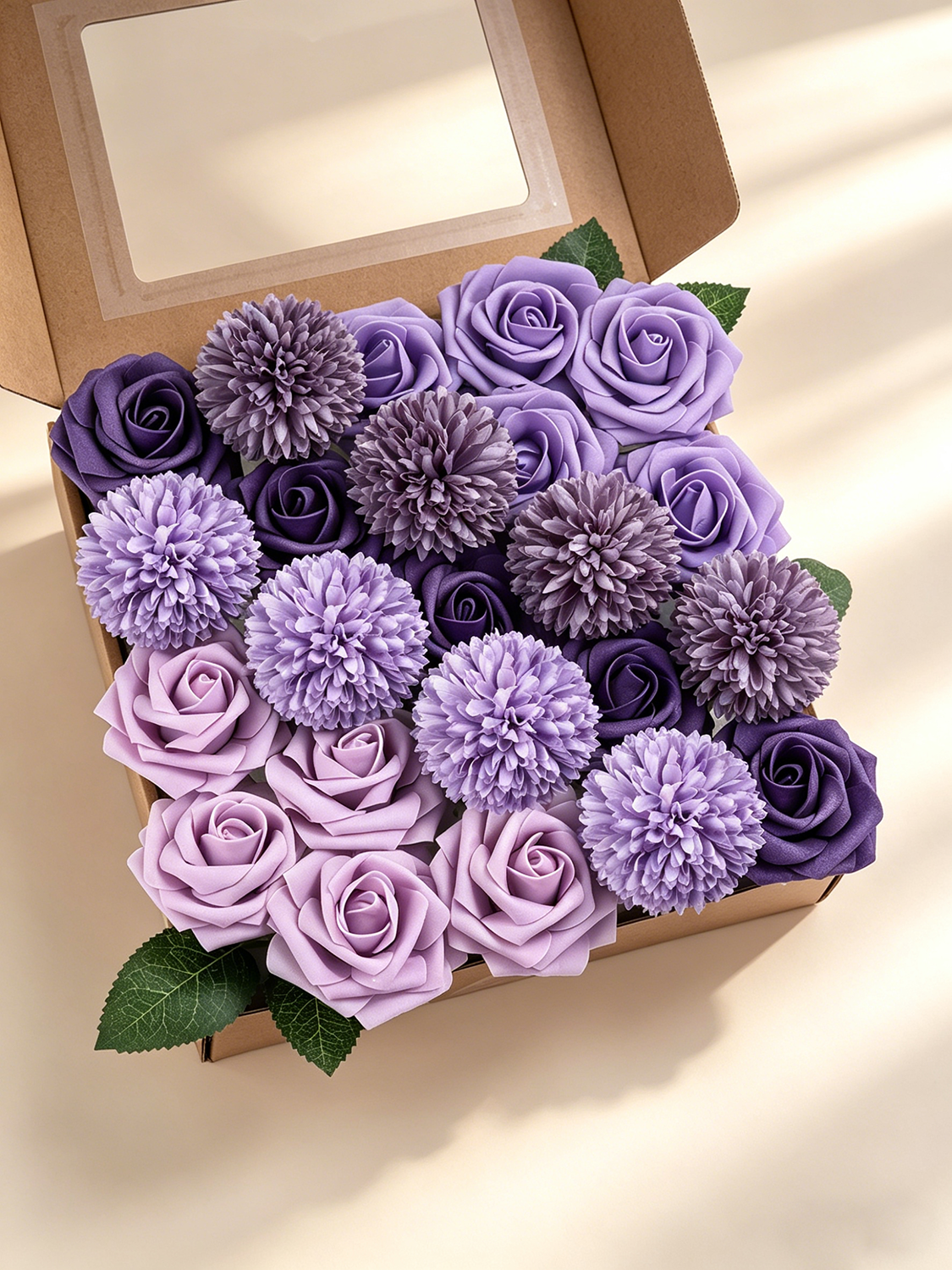 Purple Artificial Faux Roses Mix Chrysanthemum Dahlia DIY Flowers Box