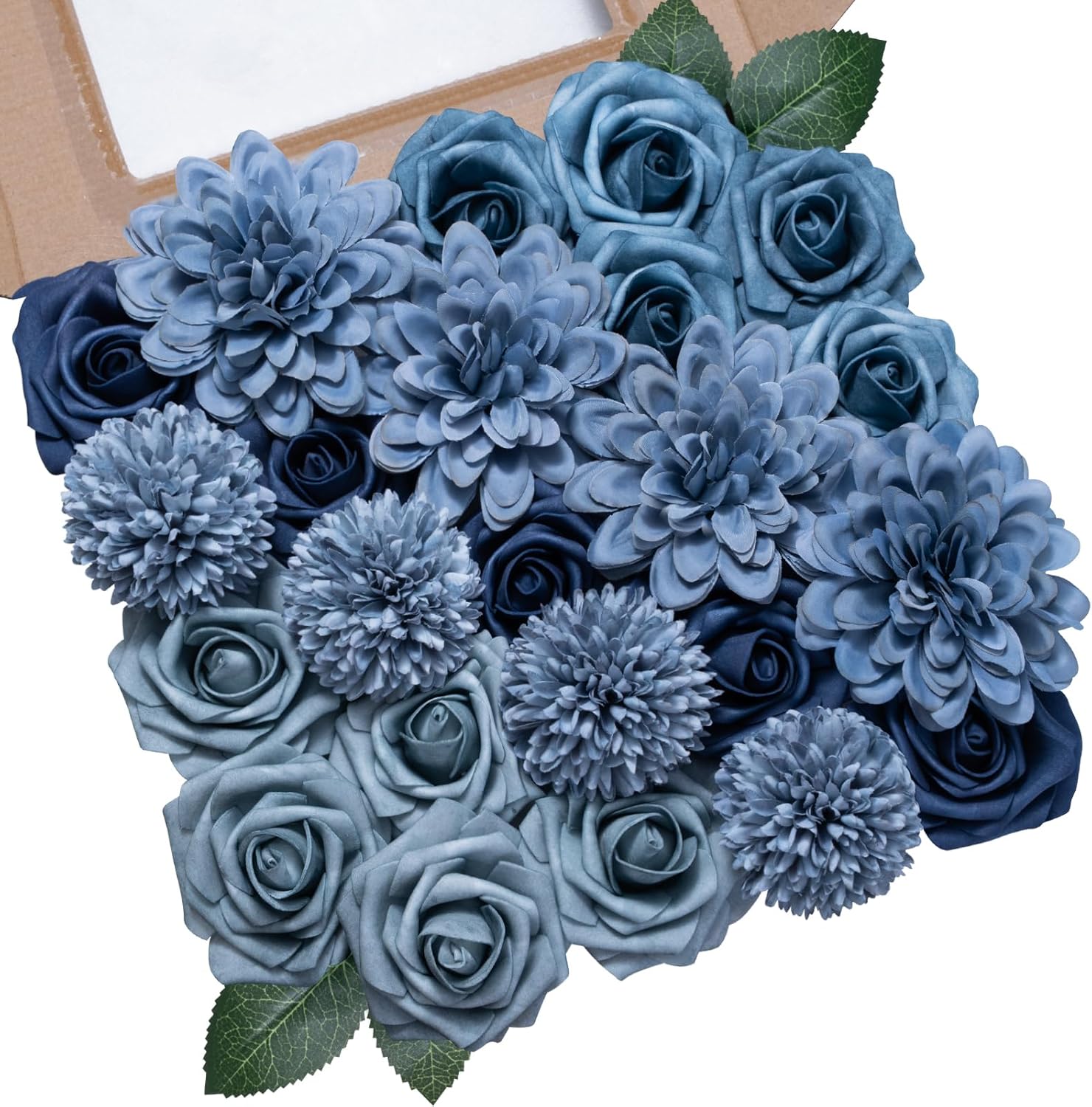 Dusty Blue Artificial Faux Roses Mix Chrysanthemum Dahlia DIY Flowers Box