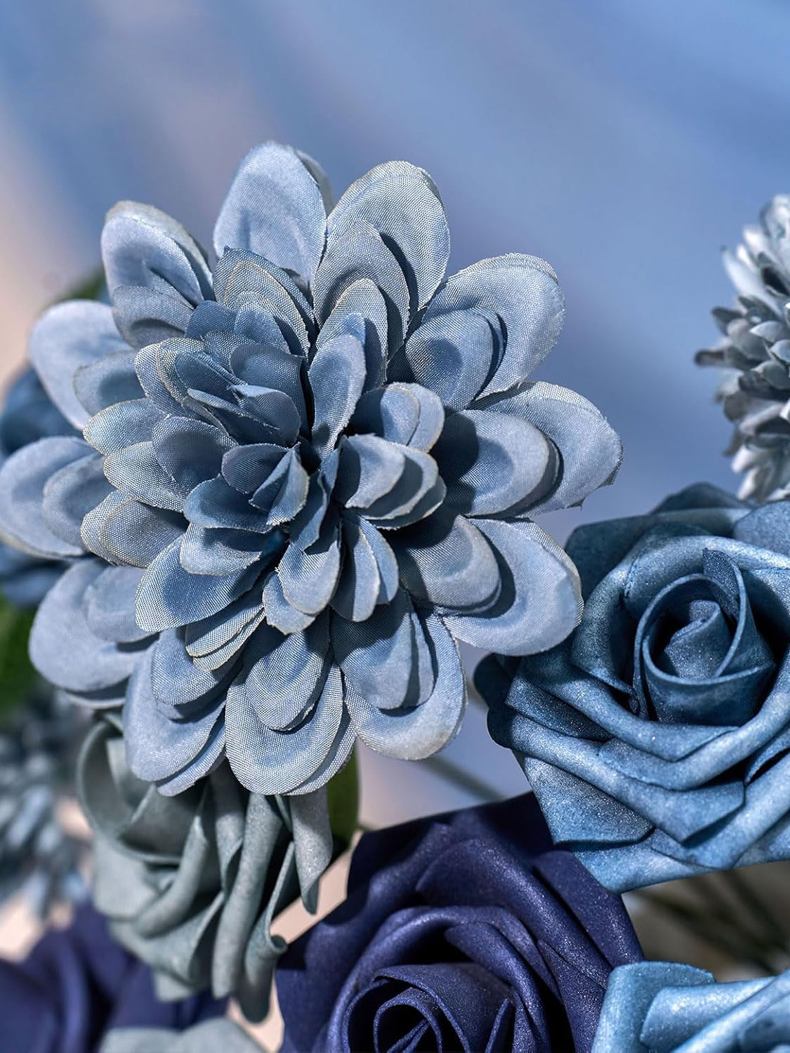 Dusty Blue Artificial Faux Roses Mix Chrysanthemum Dahlia DIY Flowers Box