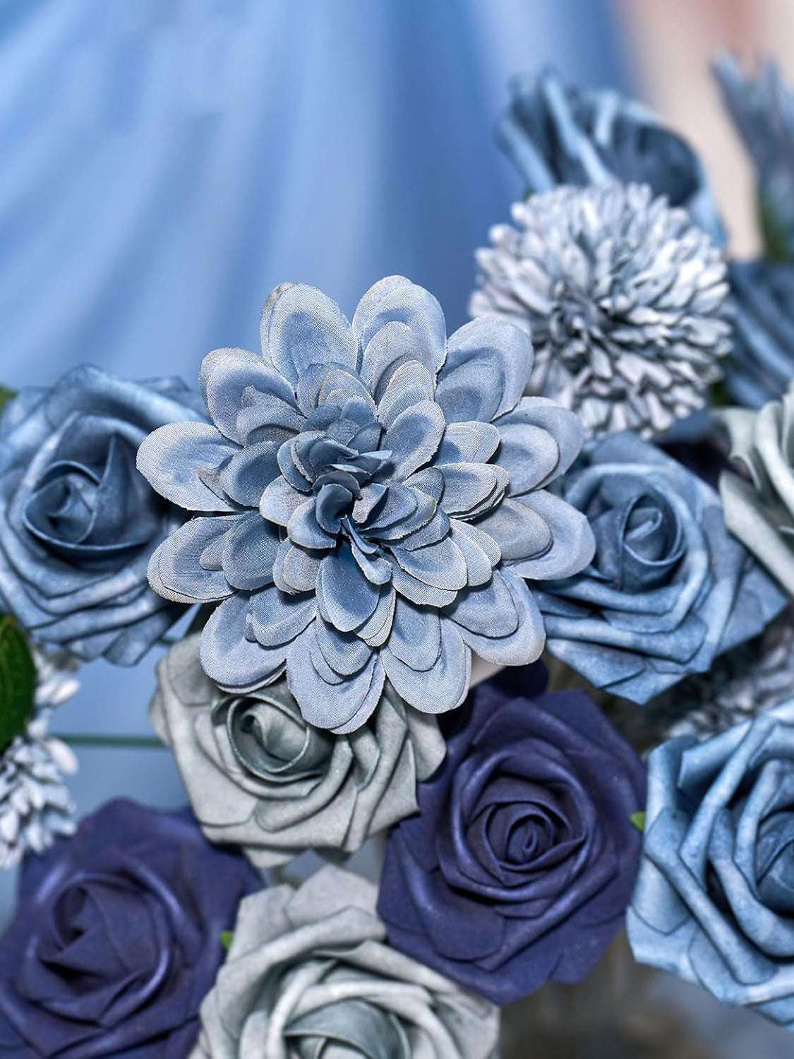 Dusty Blue Artificial Faux Roses Mix Chrysanthemum Dahlia DIY Flowers Box