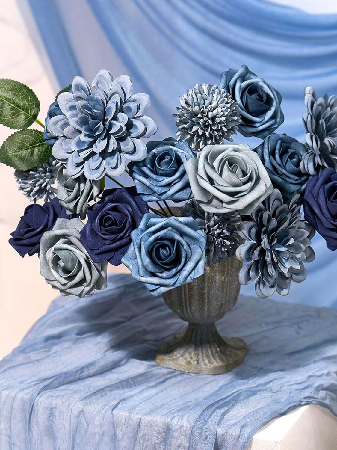 Dusty Blue Artificial Faux Roses Mix Chrysanthemum Dahlia DIY Flowers Box