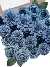 Dusty Blue Artificial Faux Roses Mix Chrysanthemum Dahlia DIY Flowers Box