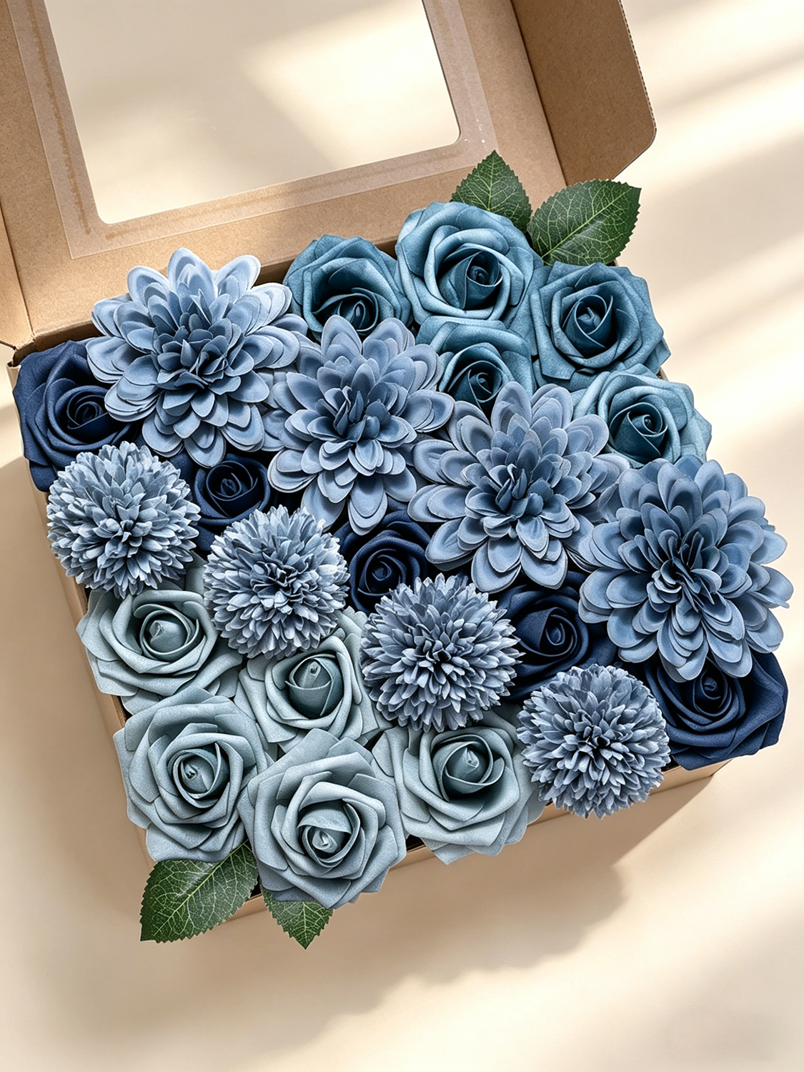 Dusty Blue Artificial Faux Roses Mix Chrysanthemum Dahlia DIY Flowers Box
