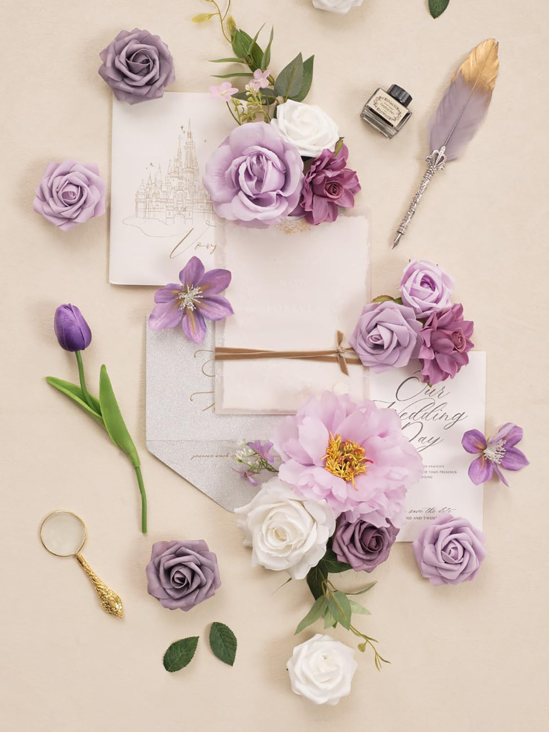 Purple & White DIY Wedding Artificial Flowers Combo Box