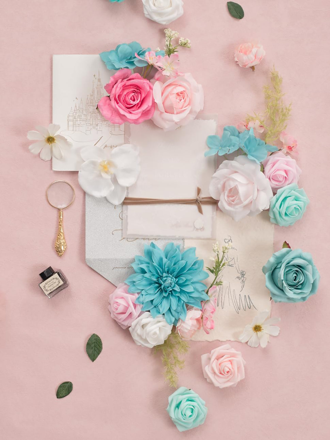 Teal Blue & Pink DIY Wedding Artificial Flowers Combo Box