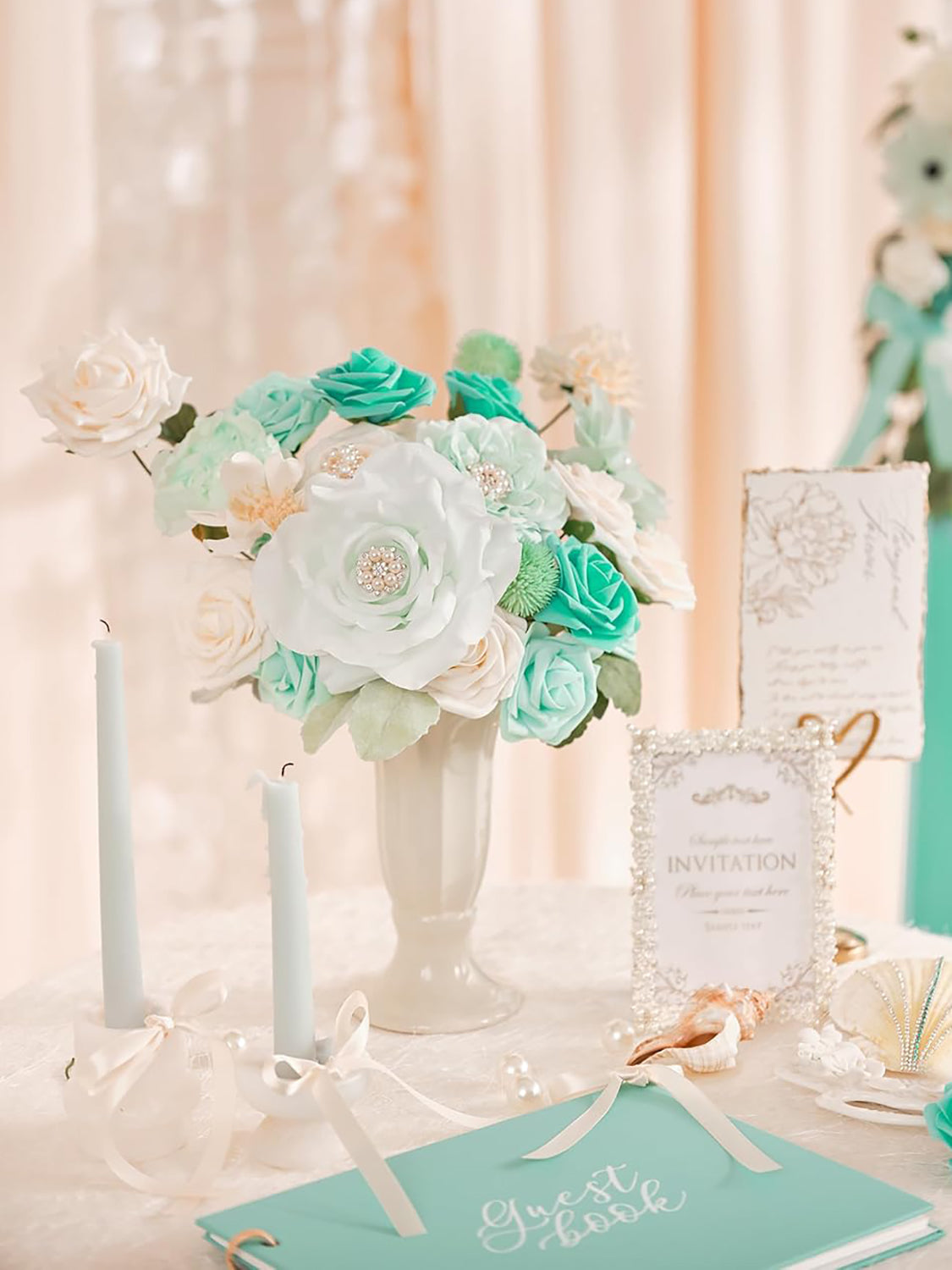 Teal Green&Champagne DIY Wedding Artificial Roses Flowers Combo Box