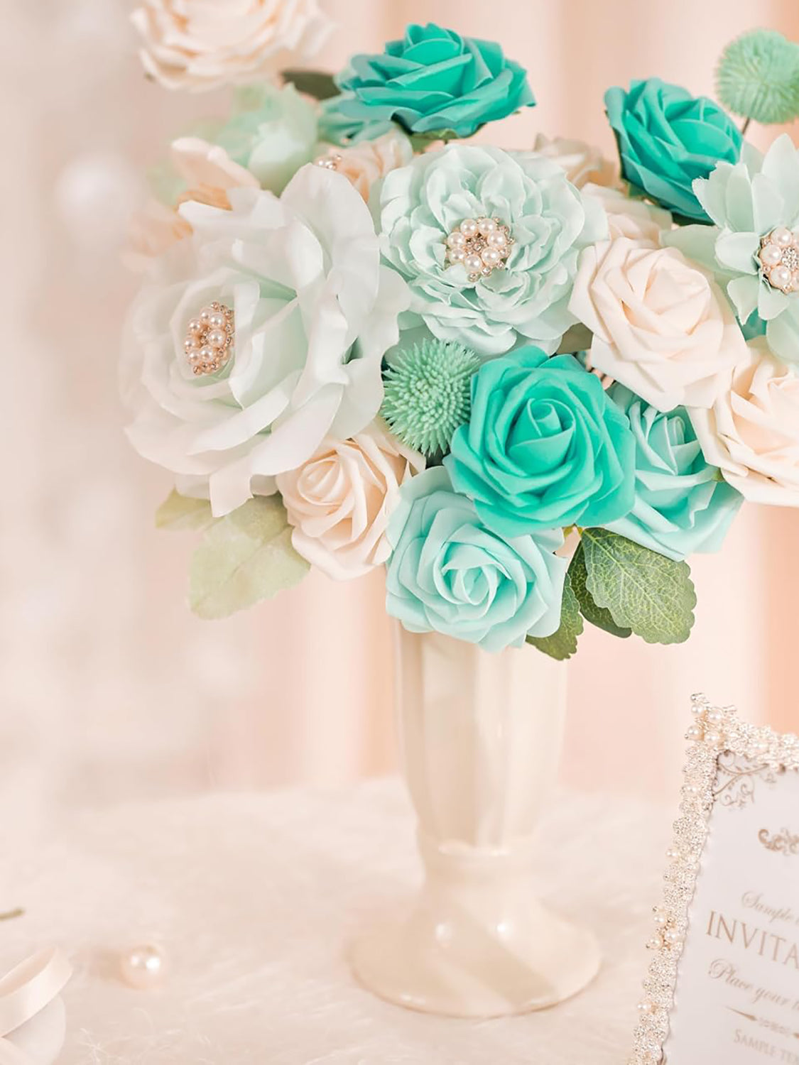 Teal Green&Champagne DIY Wedding Artificial Roses Flowers Combo Box