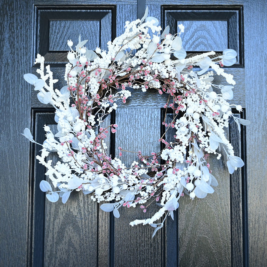 24 inch Winter Wreath for Front Door,Christmas Wreaths Front Door with White Eucalyptus Leaves and White Red Berry