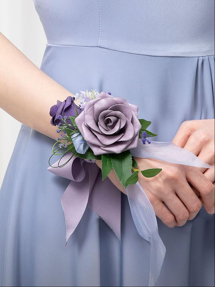Purple Artificial Flowers Wrist Corsage 6Pcs For Wedding Decor