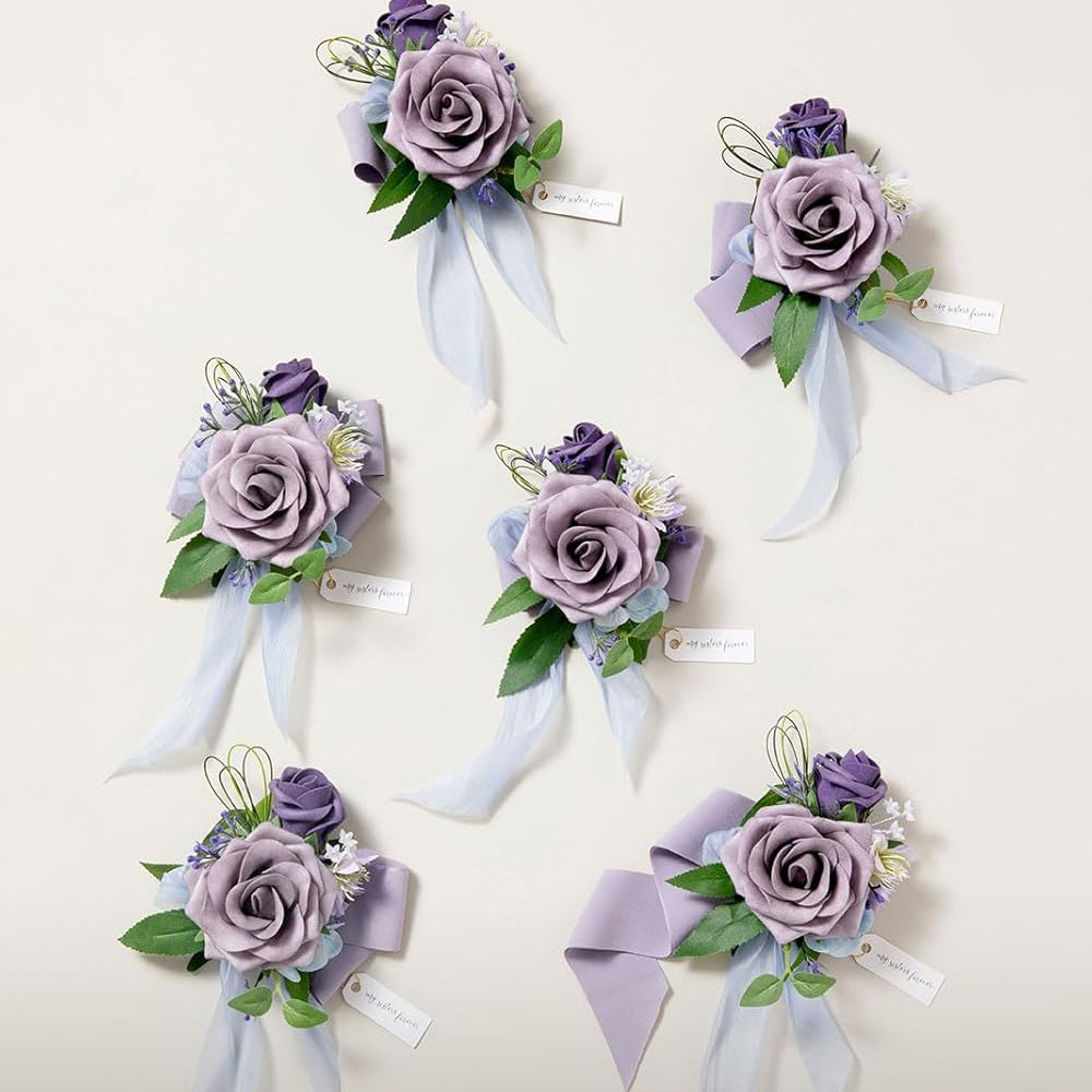 Purple Artificial Flowers Wrist Corsage 6Pcs For Wedding Decor