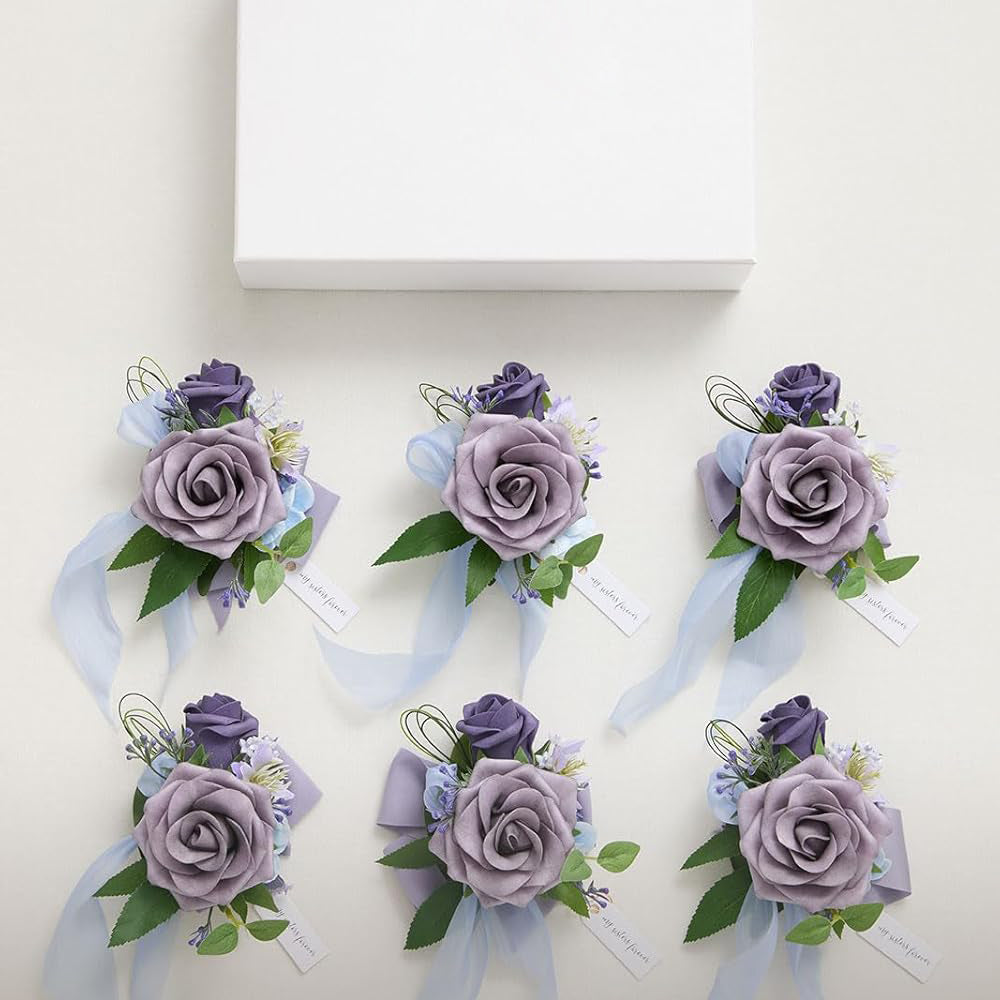 Purple Artificial Flowers Wrist Corsage 6Pcs For Wedding Decor