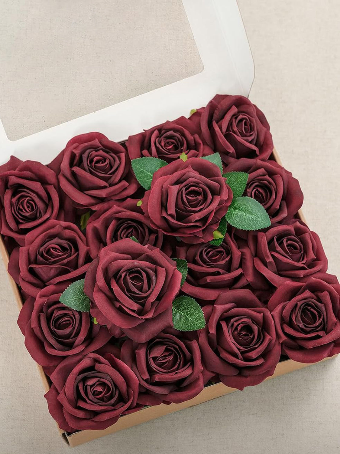 Burgundy Artificial Flowers 16pcs Cream Silk Roses DIY Box