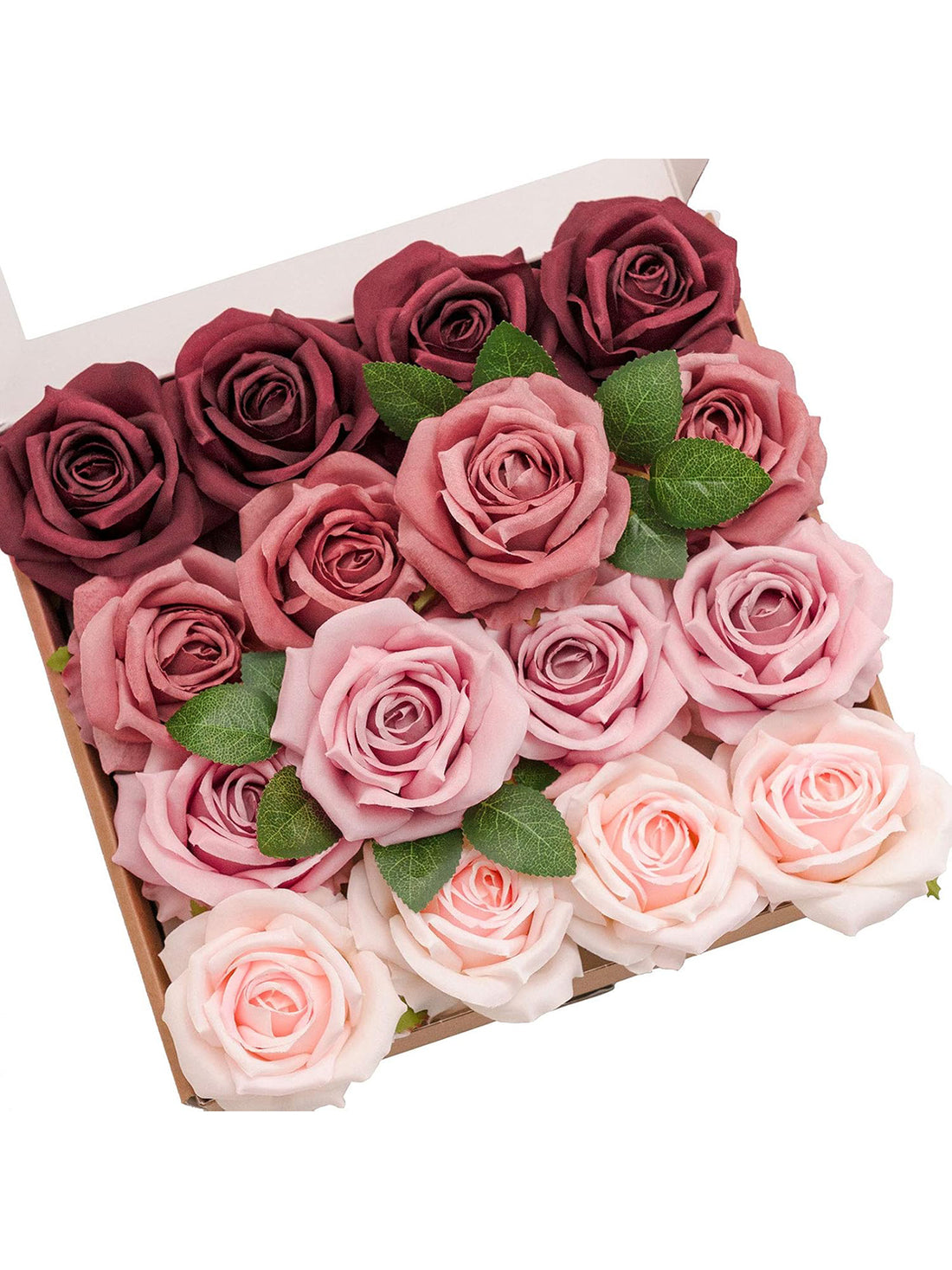 Burgundy & Cinnamon & Shabby Blush & Champagne Artificial Flowers 16pcs Cream Silk Roses DIY Box