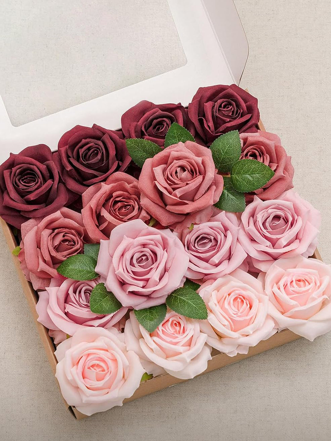 Burgundy & Cinnamon & Shabby Blush & Champagne Artificial Flowers 16pcs Cream Silk Roses DIY Box