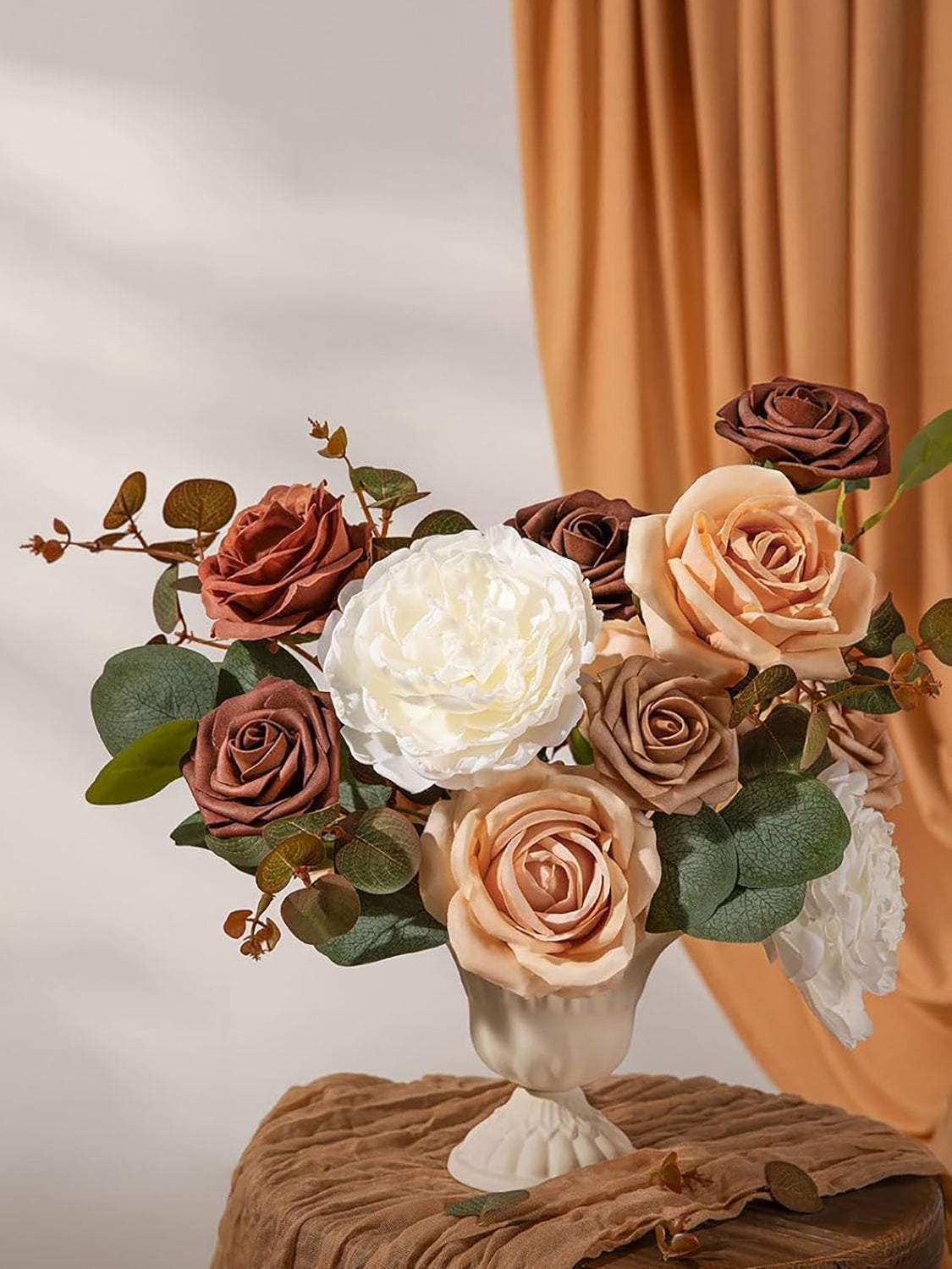 Ivory & Cream & French Orange & Burnt Orange Artificial Flowers 16pcs Cream Silk Roses DIY Box