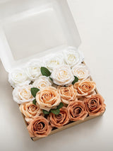 Ivory & Cream & French Orange & Burnt Orange Artificial Flowers 16pcs Cream Silk Roses DIY Box