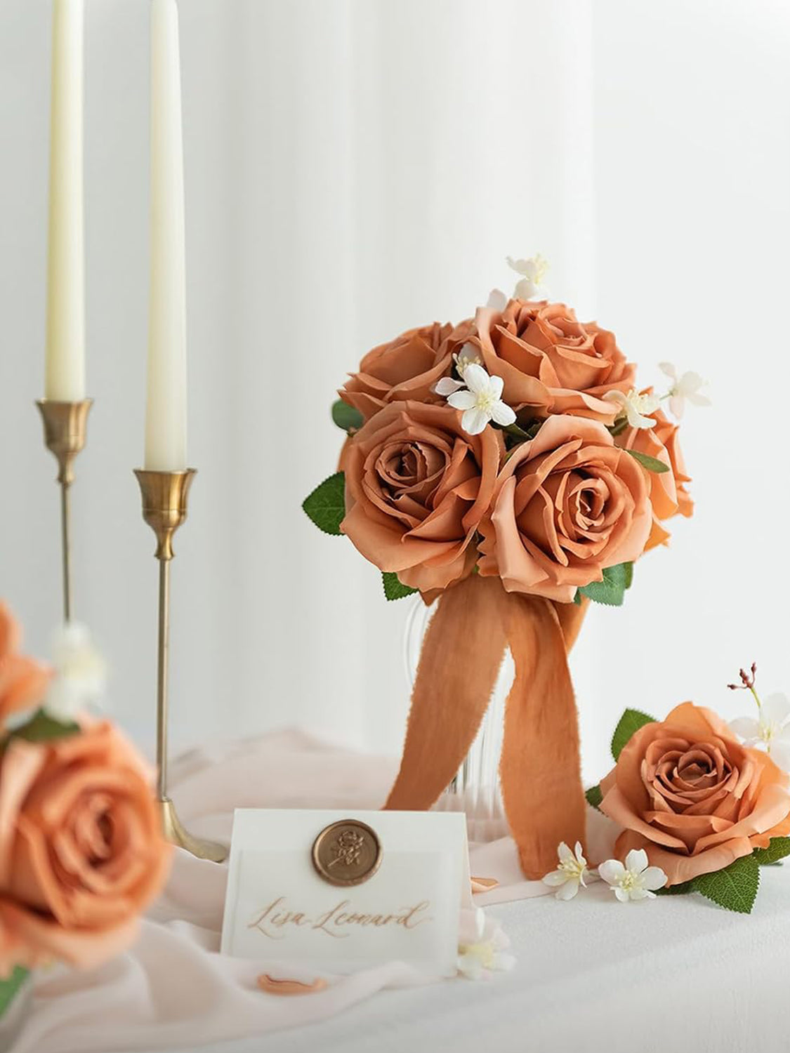 Burnt Orange Artificial Flowers 16pcs Cream Silk Roses DIY Box