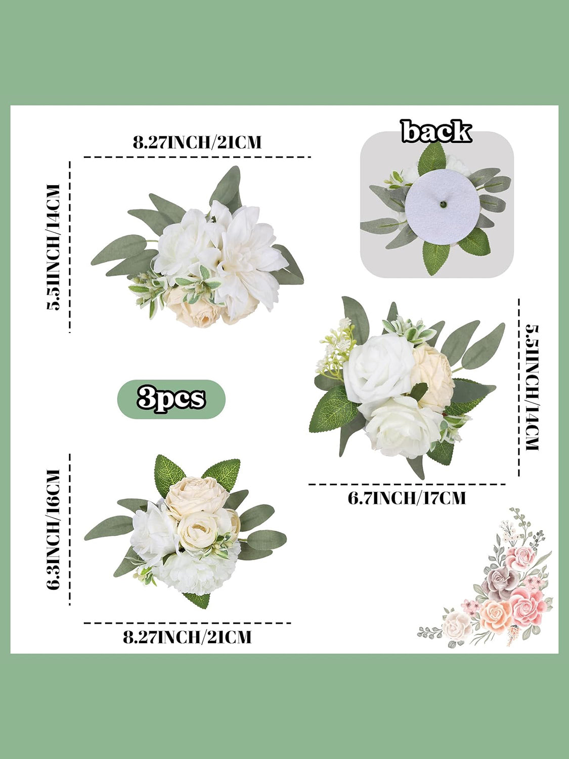 White Green Wedding Cake Toppers Floral Decorations 3Pcs